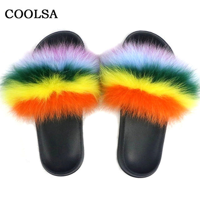 Real Fur Slides Female Indoor Women Fox Fur Slippers