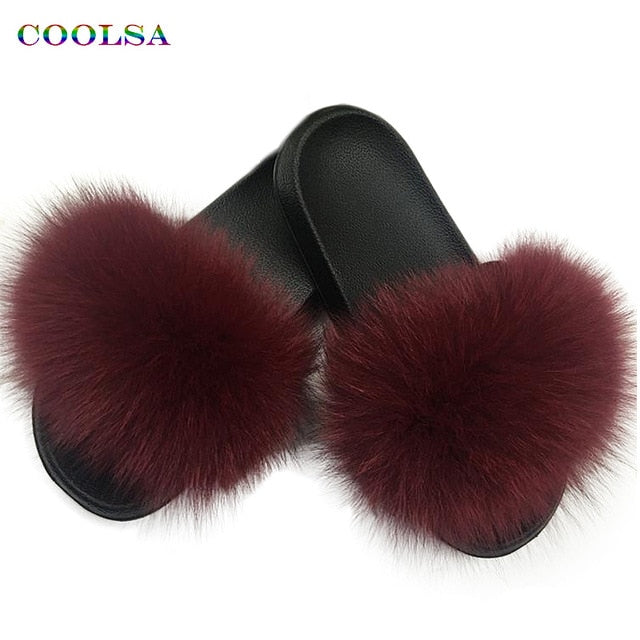 Real Fur Slides Female Indoor Women Fox Fur Slippers