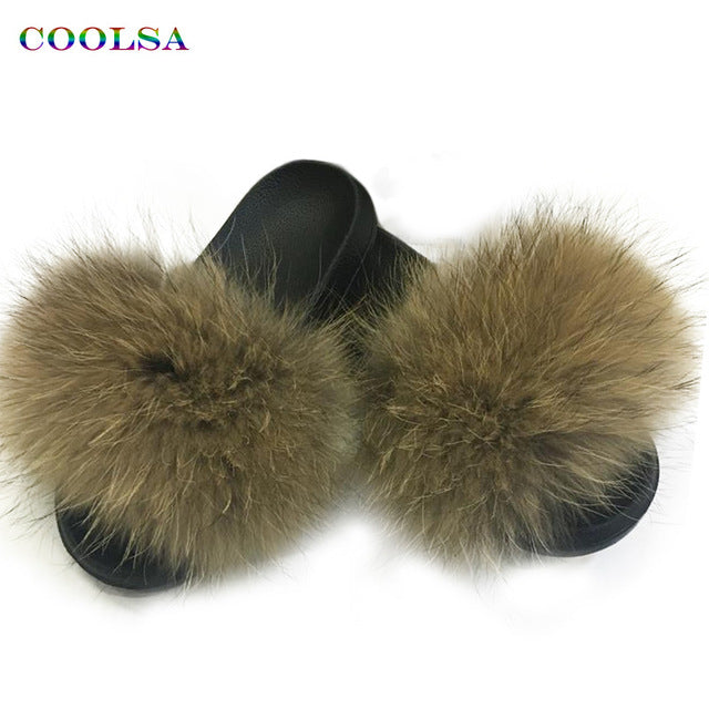 Real Fur Slides Female Indoor Women Fox Fur Slippers