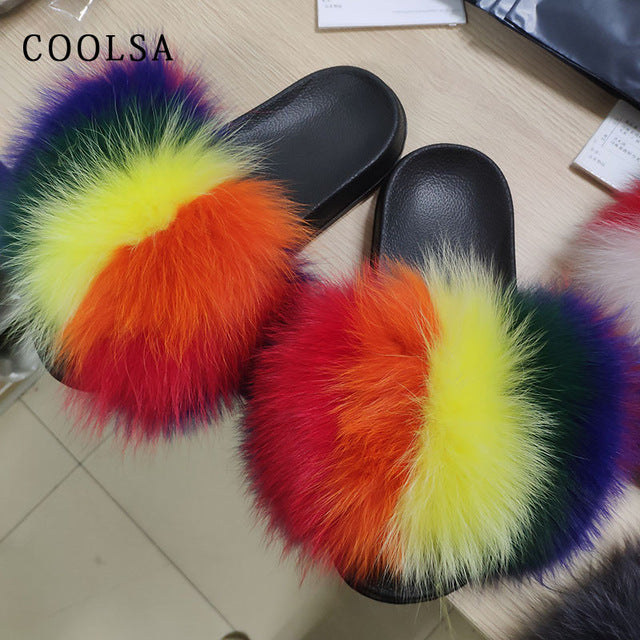 Real Fur Slides Female Indoor Women Fox Fur Slippers