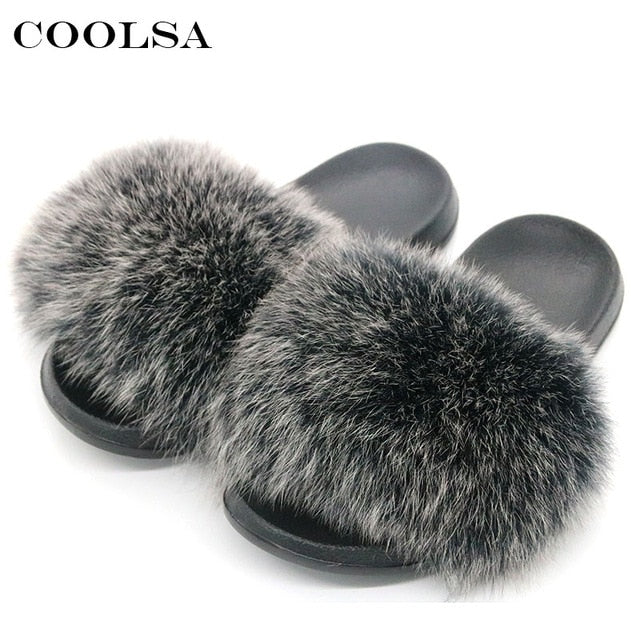 Real Fur Slides Female Indoor Women Fox Fur Slippers