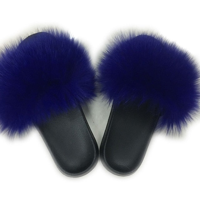 Real Fur Slides Female Indoor Women Fox Fur Slippers