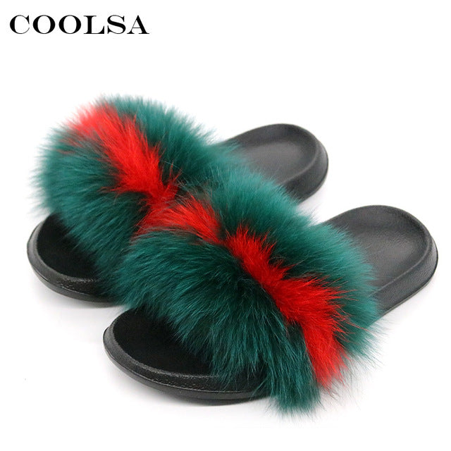 Real Fur Slides Female Indoor Women Fox Fur Slippers