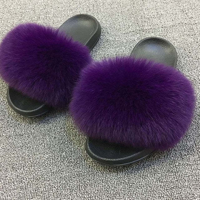 Real Fur Slides Female Indoor Women Fox Fur Slippers