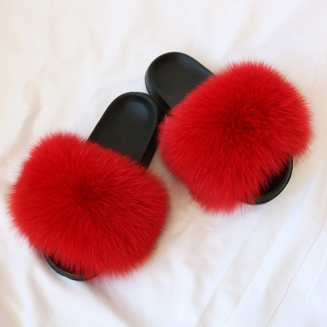 Real Fur Slides Female Indoor Women Fox Fur Slippers