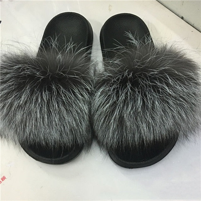 Real Fur Slides Female Indoor Women Fox Fur Slippers