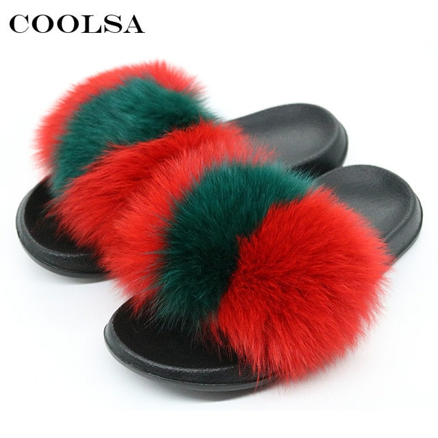 Real Fur Slides Female Indoor Women Fox Fur Slippers