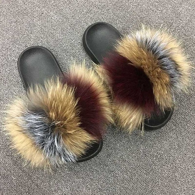 Real Fur Slides Female Indoor Women Fox Fur Slippers