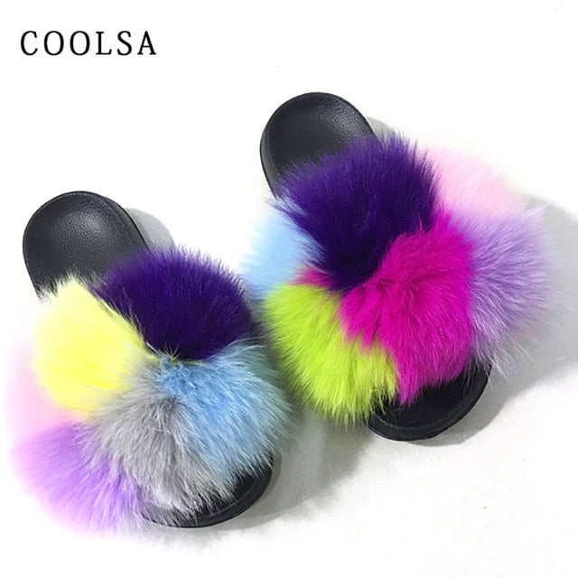 Real Fur Slides Female Indoor Women Fox Fur Slippers