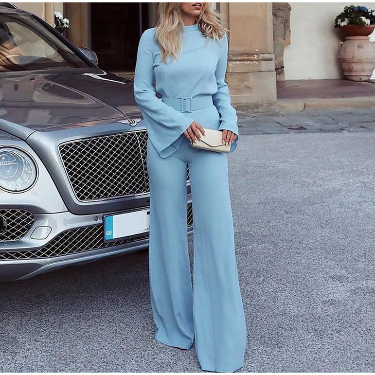 Office Lady Wide Leg Long Flare Sleeve Jumpsuit