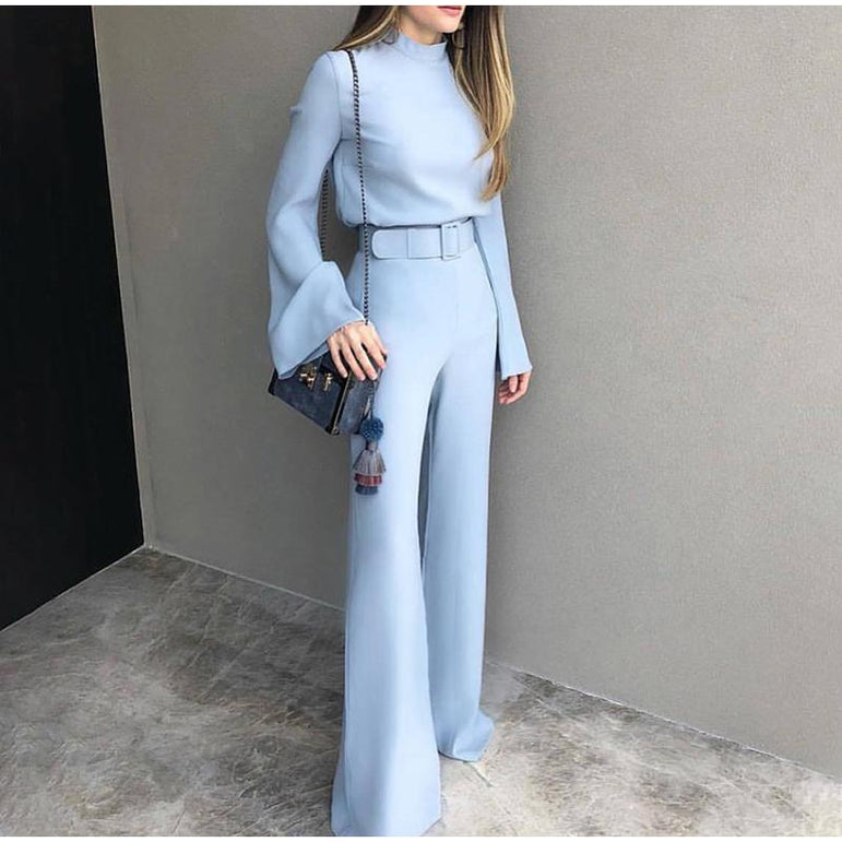 Office Lady Wide Leg Long Flare Sleeve Jumpsuit