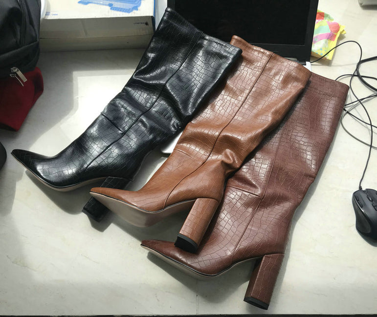 Leather Faux Pointed Toe Knee Chunky High Boots