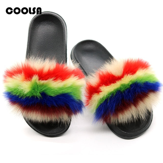 Real Fur Slides Female Indoor Women Fox Fur Slippers