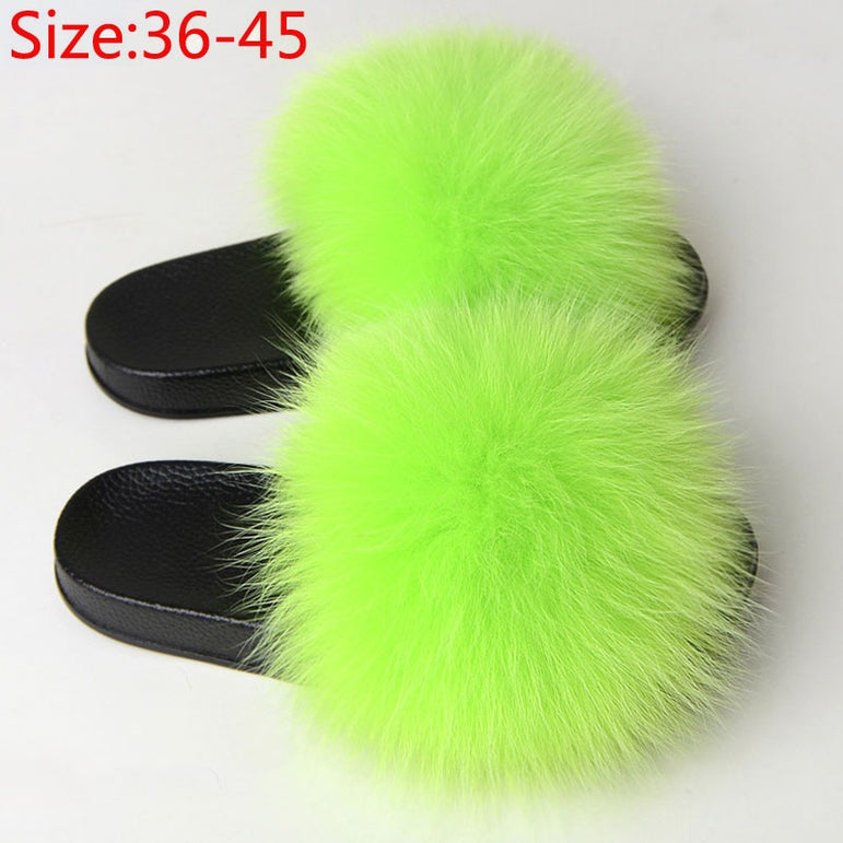 Furry Plush Fox Hair Women Fur Fluffy Flat Home Slippers