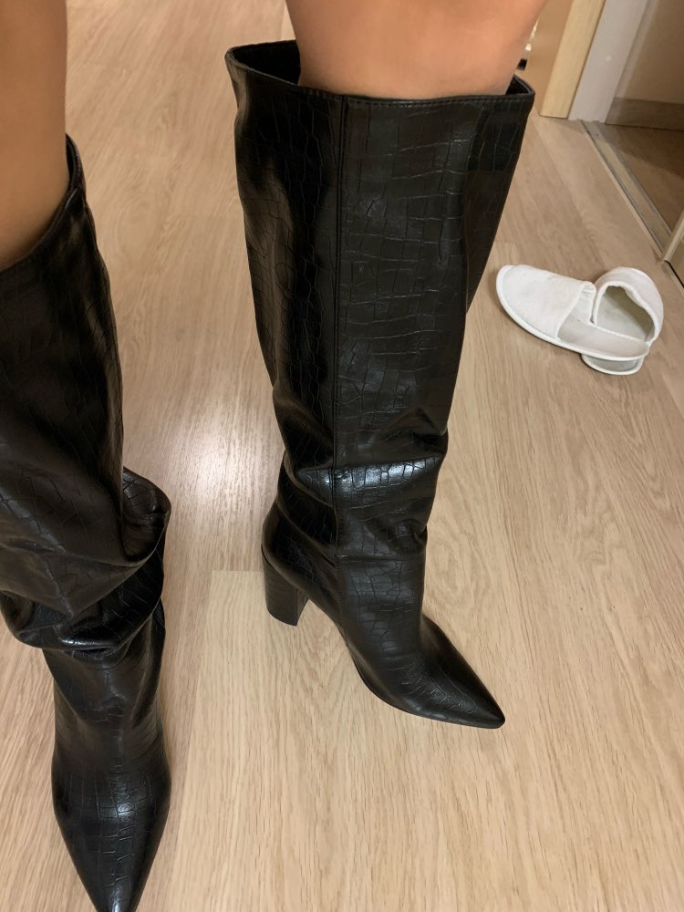 Leather Faux Pointed Toe Knee Chunky High Boots