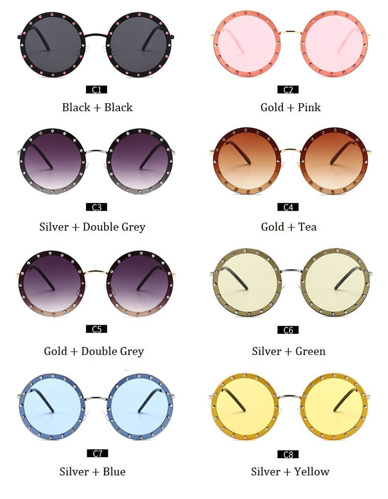 Metal Frame Clear Lens Oversized Round Rivet Sunglasses