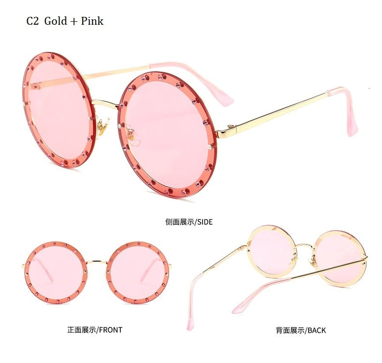 Metal Frame Clear Lens Oversized Round Rivet Sunglasses