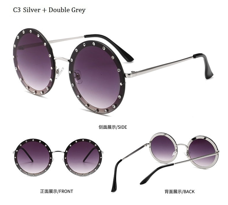 Metal Frame Clear Lens Oversized Round Rivet Sunglasses