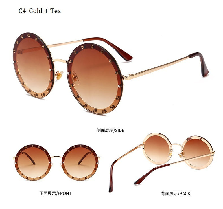 Metal Frame Clear Lens Oversized Round Rivet Sunglasses