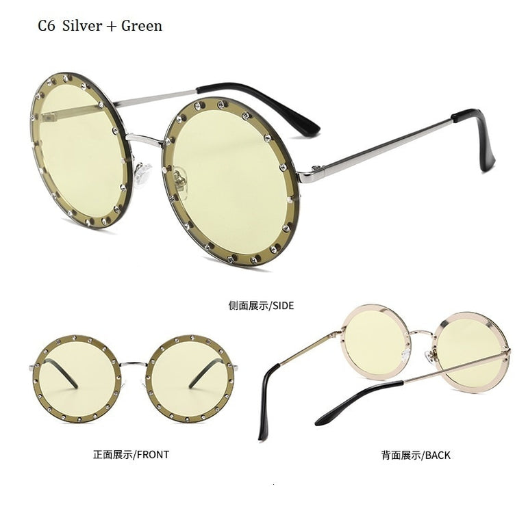 Metal Frame Clear Lens Oversized Round Rivet Sunglasses