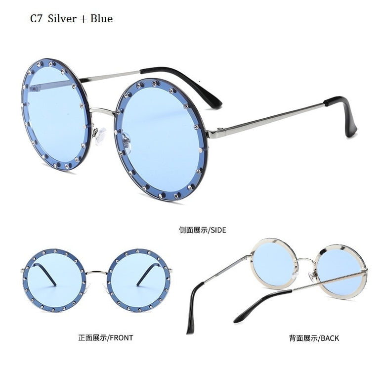 Metal Frame Clear Lens Oversized Round Rivet Sunglasses