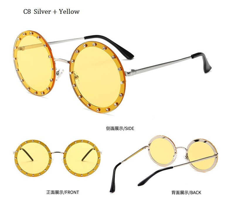 Metal Frame Clear Lens Oversized Round Rivet Sunglasses