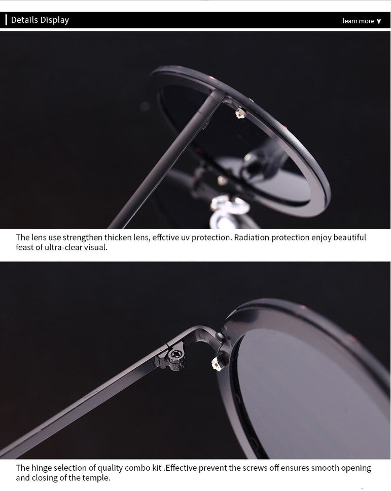 Metal Frame Clear Lens Oversized Round Rivet Sunglasses