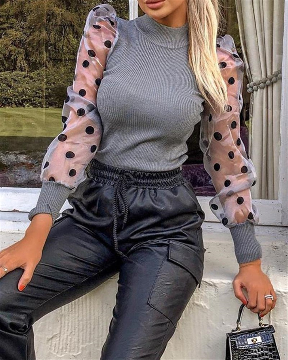 Casual Polka Dots Mesh Puff Long Sleeve Blouse