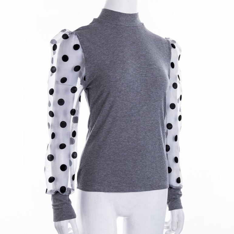 Casual Polka Dots Mesh Puff Long Sleeve Blouse