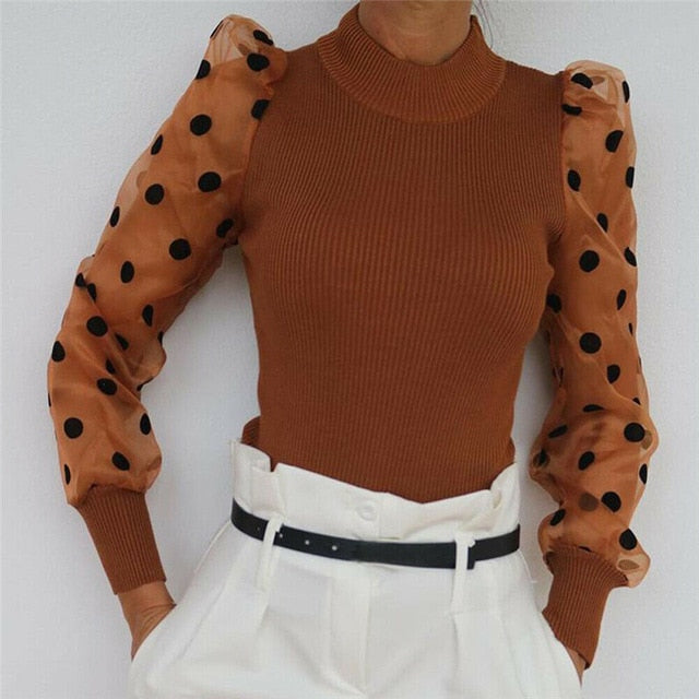 Casual Polka Dots Mesh Puff Long Sleeve Blouse