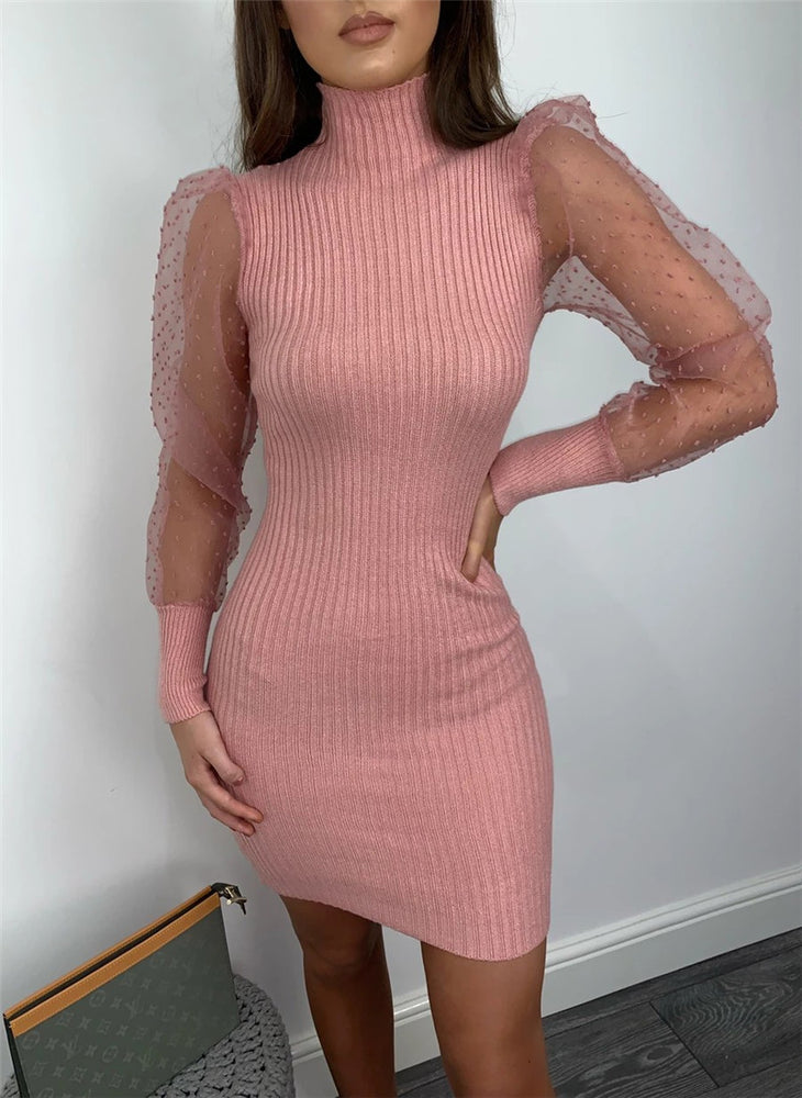 Elegant Mesh Sheer Long Sleeve Bodycon Mini Dress