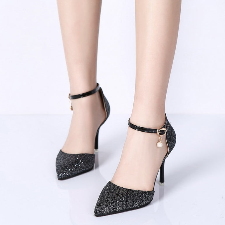 Elegant Glitter Ankle Strap Wedding pointed toe High Heels