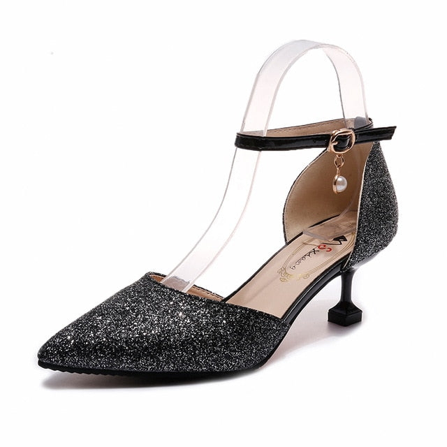 Elegant Glitter Ankle Strap Wedding pointed toe High Heels