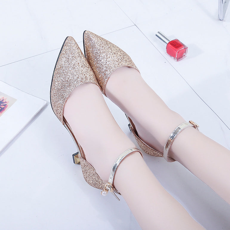 Elegant Glitter Ankle Strap Wedding pointed toe High Heels