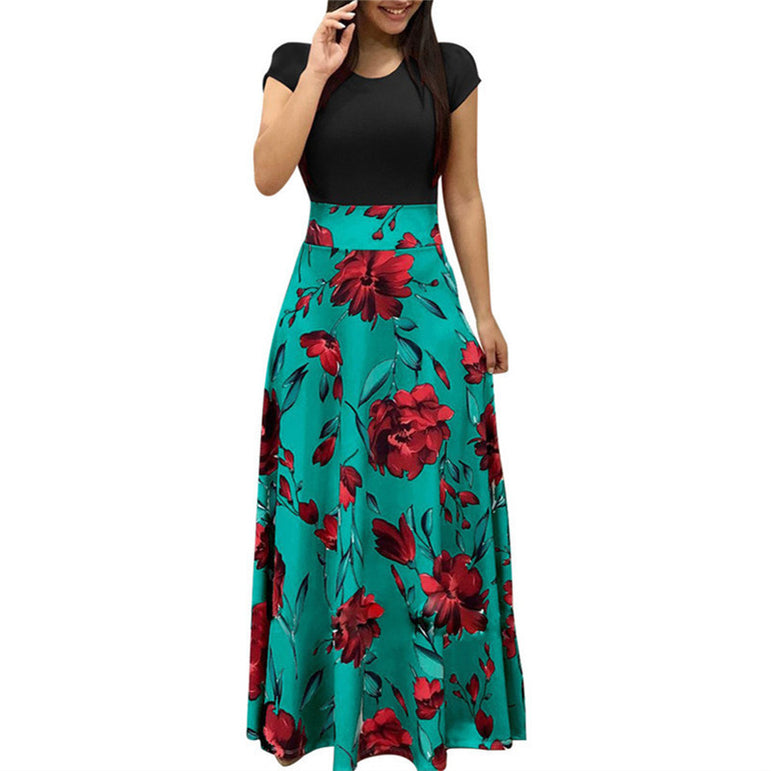 Casual Vintage Floral Print Patchwork Long Dress