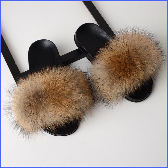 Luxury Real Fox Fur Slides Home Furry Fur Slippers