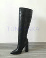 Leather Faux Pointed Toe Knee Chunky High Boots