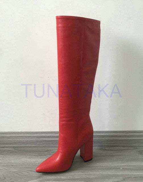 Leather Faux Pointed Toe Knee Chunky High Boots