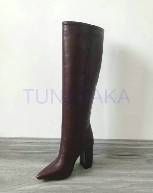 Leather Faux Pointed Toe Knee Chunky High Boots