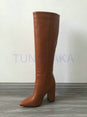 Leather Faux Pointed Toe Knee Chunky High Boots