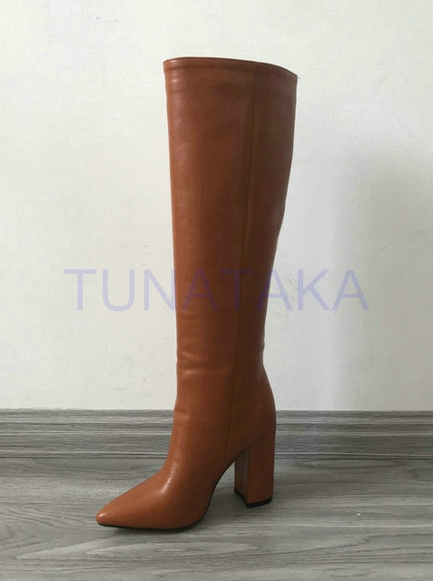 Leather Faux Pointed Toe Knee Chunky High Boots