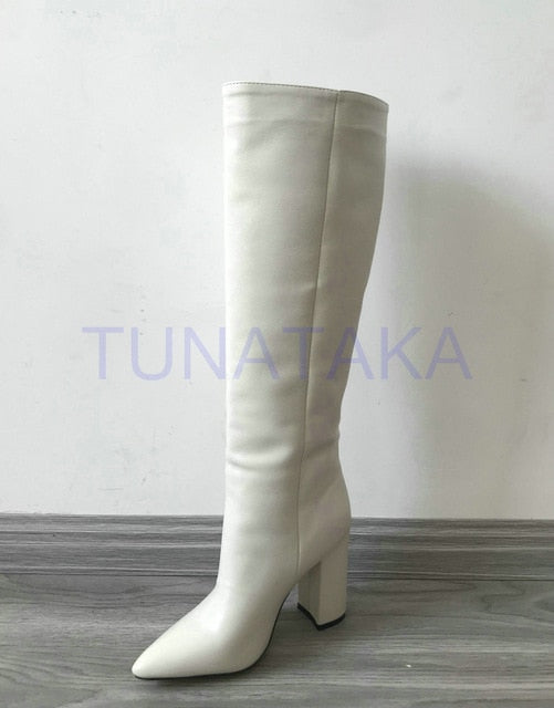 Leather Faux Pointed Toe Knee Chunky High Boots