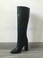 Leather Faux Pointed Toe Knee Chunky High Boots