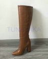 Leather Faux Pointed Toe Knee Chunky High Boots