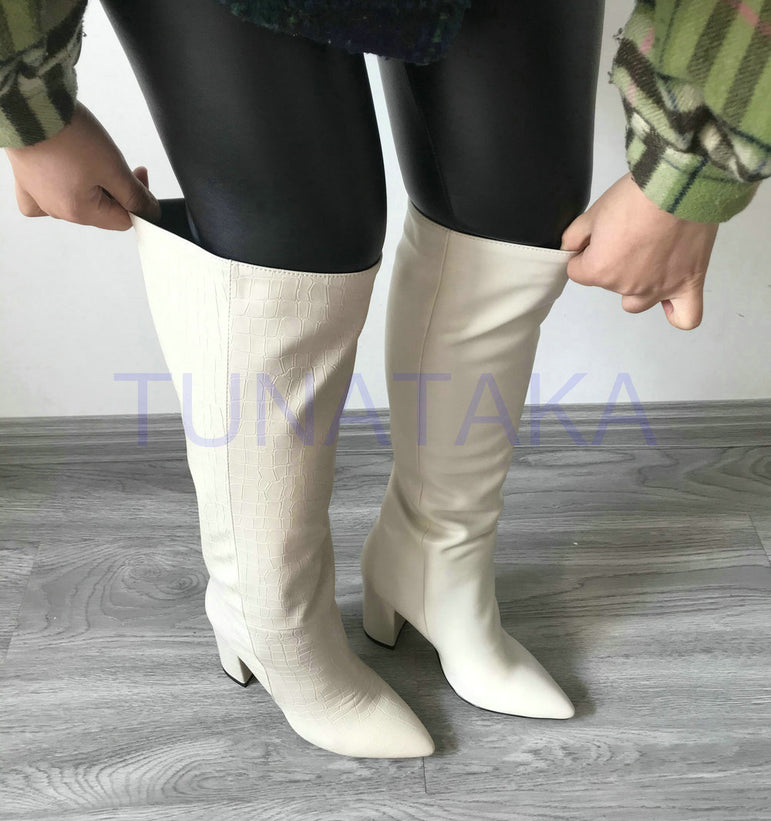 Leather Faux Pointed Toe Knee Chunky High Boots