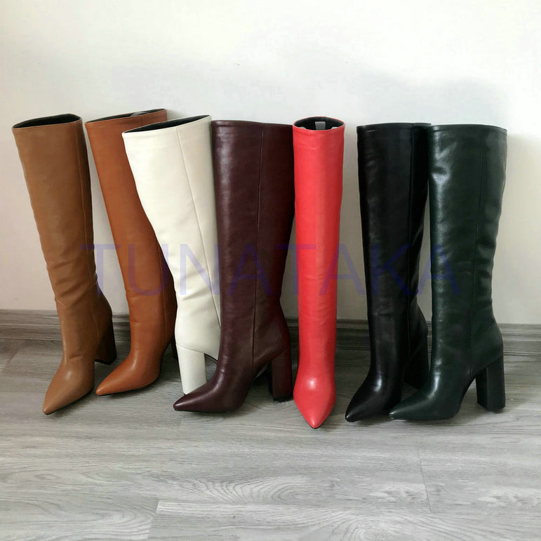 Leather Faux Pointed Toe Knee Chunky High Boots