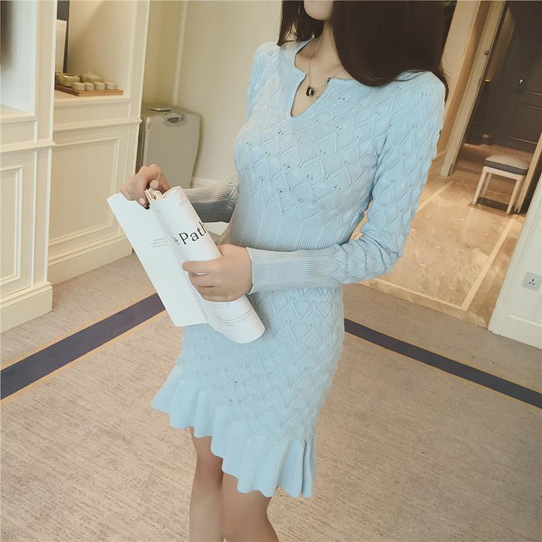 Elegant Long Sleeve Sweater Style Slim Dress