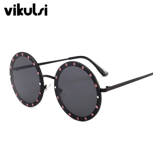 Metal Frame Clear Lens Oversized Round Rivet Sunglasses