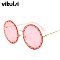 Metal Frame Clear Lens Oversized Round Rivet Sunglasses