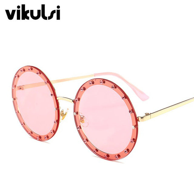 Metal Frame Clear Lens Oversized Round Rivet Sunglasses